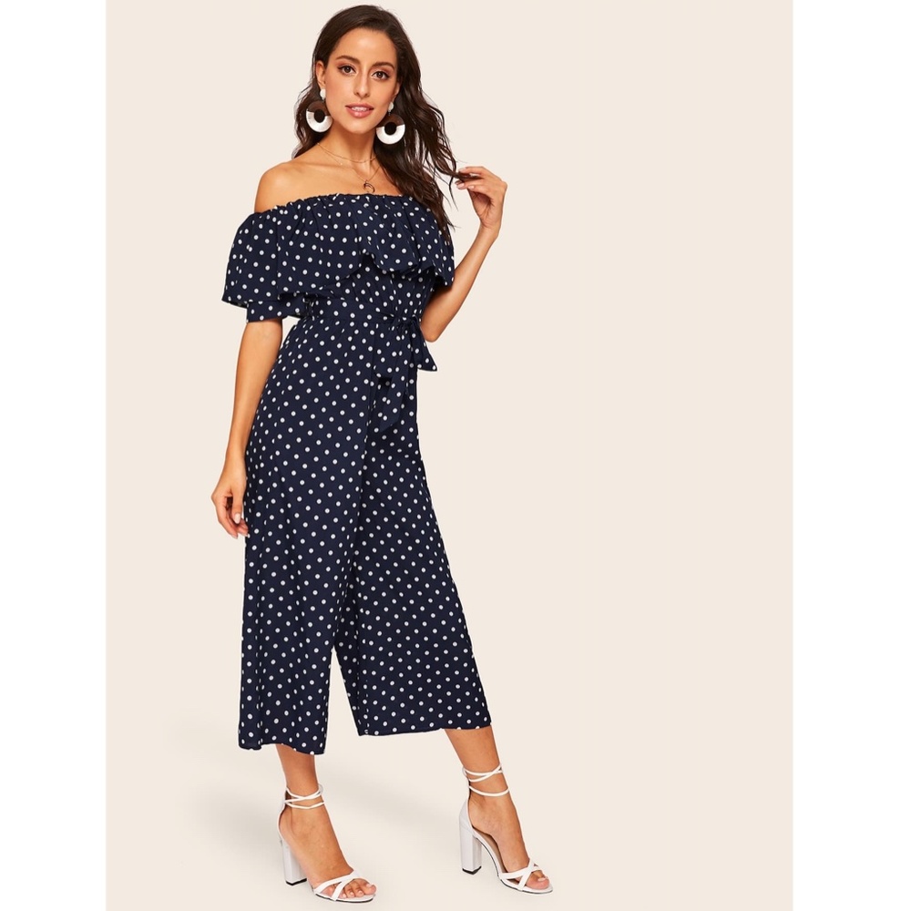 Navy Blue Polka Dot Off Shoulder Belted Jumpsuit - Picture 4 of 7